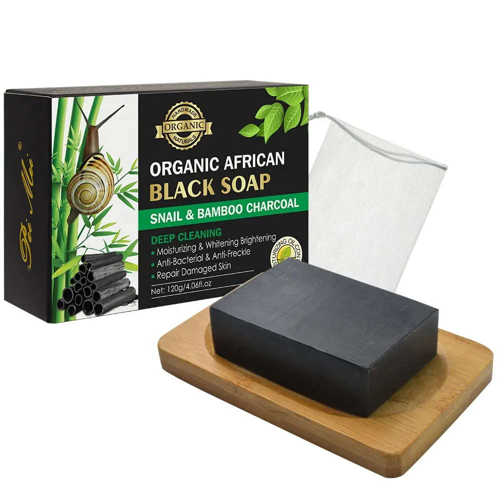 Natural Organic Snail Repair Damaged Skin Anti Freckle Anti Bacterial Whitening African Black Bamboo Soap for Women and Men Wash