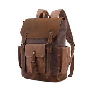 Custom Logo Retro Camping Hiking Outdoor Travel Casual Sports Vintage Waxed Canvas Rucksack Laptop Backpack Bag For Men