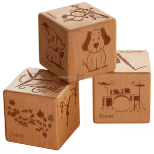 Carved Wood 6 Sided Wooden Square Color Dice Dutch Wooden Color Dice Board game with animal Music Notes Alphabet For Party