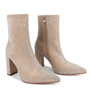 WETKISS OEM Soft Faux Suede Stretchy Ankle Bootie Chunly Heel Fall Whiter Shoes <span class=keywords><strong>2023</strong></span> Women Crystal Boots with Rhinestones - Product Image 1