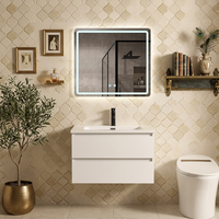 Meuble-lavabo mural moderne avec vasque en céramique, égouttoir en acier inoxydable et miroir LED intelligent inclus