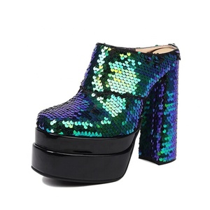 Bling Sequins Dress High Heel Shoes Closed Square Toe Summer Thick Heel Platform <b>Sandals</b> for Ladies Women Big Size 43 - Product Image 3