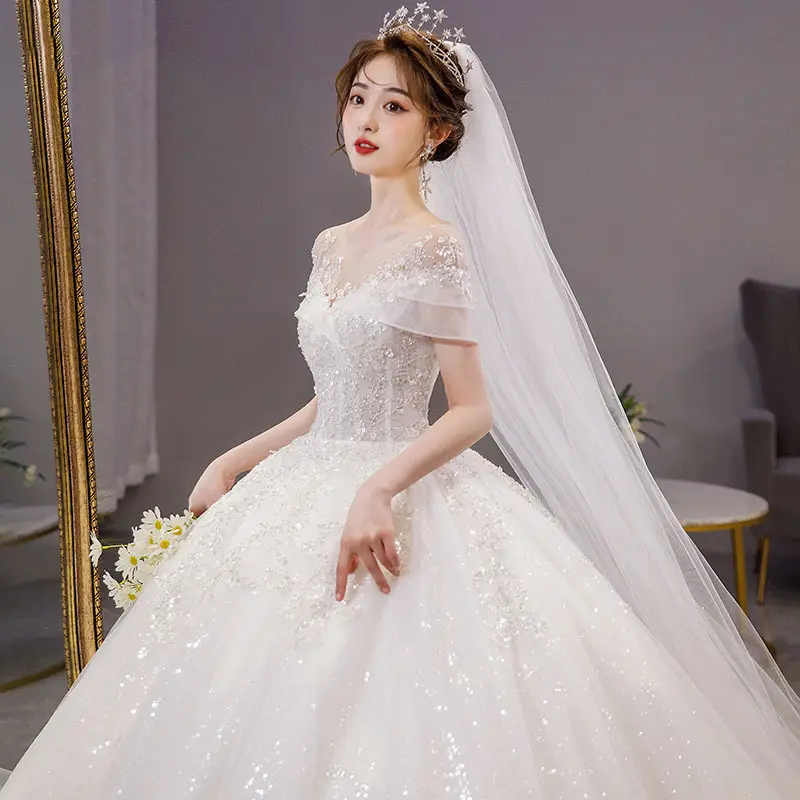 New Main Yarn Bride's Summer French Women's Big Tail Court Style Travel Photography One Shoulder Light Wedding Dress for women