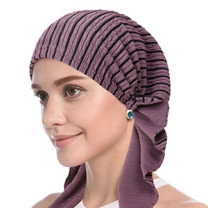 Chapeau de <span class=keywords><strong>chimio</strong></span> HZM-24208 élégant à rayures de couleur unie Turban <span class=keywords><strong>Bonnet</strong></span> Tails - Product Image 6