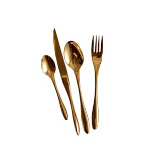 Cuchara, tenedor y cuchillo de oro de grado alimenticio, juego de cubiertos de metal de diseño simple de 4 piezas, diseños personalizables y duraderos para uso en mesas de boda. - Product Image 1