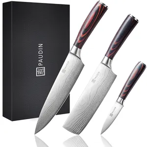 Set pisau dapur 3 dalam 1 kustom profesional, Set pisau baja tahan karat dengan pegangan kayu, pisau dapur Paring koki