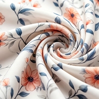 Tissu imprimé floral pêche doux, motif vigne, fleurs orange romantiques et feuilles grises, idéal pour les chemisiers d'été et les linge de maison élégant