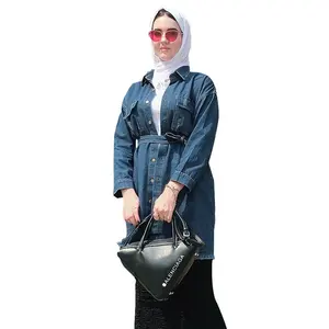 Women denim jackets long sleeve oversize casual outerwear button jeans coat belt muslim long coat