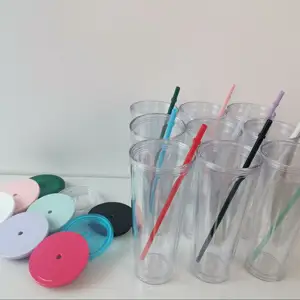 double wall reusable 700ml 710ml 24oz transparent clear plastic cup cold  cup plastic tumbler with straw and lid