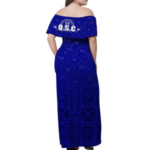 <span class=keywords><strong>Robe</strong></span> maxi à épaules dénudées Queen Salote College avec motif géométrique et motif de crabe, bleu et blanc, tenue d'<span class=keywords><strong>esprit</strong></span> universitaire - Product Image 2
