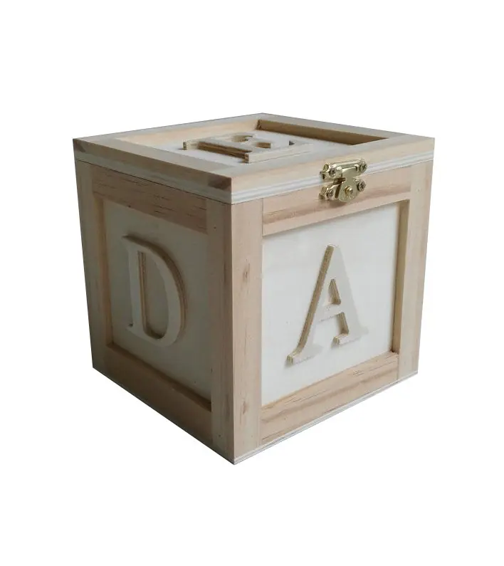 customized unfinished letter wood box ,cube ABC box