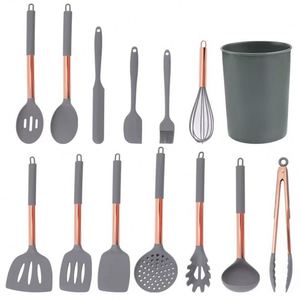 Silicone <b>Kitchen</b> <b>Utensils</b> Set With <b>Copper</b> Wooden Handle & Storage Bucket FDA Approved - Product Image 2