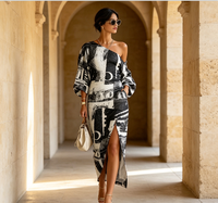 Ensemble deux pièces asymétrique imprimé pour femme, haut à manches longues et jupe mi-longue portefeuille, robes de soirée élégantes pour femme