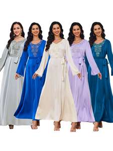 Ropa Islámica al por Mayor para Mujer, Cinturón con Cuentas <span class=keywords><strong>de</strong></span> Oriente Medio, Arabia Saudita, Dubái, Color Sólido, Adornado con <span class=keywords><strong>Perlas</strong></span>, Vestido Abaya Cerrado - Product Image 6