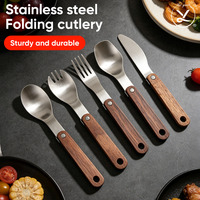 Couverts pliables jetables en acier inoxydable avec manche en bois, portables pour le camping, le barbecue et les pique-niques, ensemble de cuillères-fourchettes