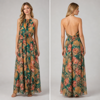 Nouvelle Arrivée 2026 Robe Longue Halter pour Femme, Imprimé Floral, Encolure Anneau Doré, Taille à Cordon, Robe de Plage en Mousseline S-2XL