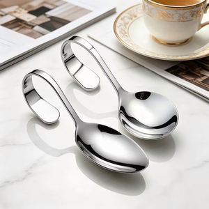 Fourchette et cuillère créatives en acier inoxydable à manche courbé, cuillère à condiments suspendable pour yaourts, desserts, glaces et buffets - Product Image 1