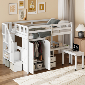 Cama alta tamaño completo con escaleras, estantería, cajones, escritorio, armario, muebles multifuncionales que ahorran espacio para niños y adolescentes - Product Image 3