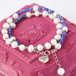 925 <b>Solid</b> Sterling <b>Silver</b> Beaded <b>Bracelet</b> High Quality Natural Lapis Heart GIA Certified for Wedding Engagement Anniversary - Product Image 3