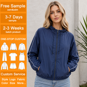 Veste coupe-vent à capuche rayée bleu marine pour <span class=keywords><strong>femme</strong></span>, légère et décontractée, avec fermeture éclair, idéale pour l'extérieur, vente en gros - Product Image 1