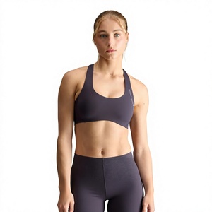 Soutien-gorge de sport sans coutures respirant pour femme, dos nageur, col rond, maintien moyen, yoga, couleur unie gris foncé, logo frontal, Spandex Nylon - Product Image 1