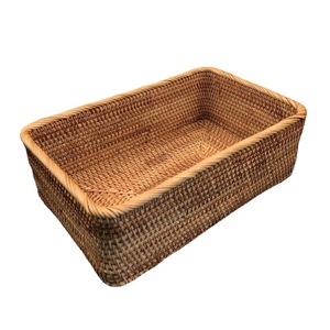Rattan Bamboo Organizer Desktop Snack Container Box Straw Woven Carrying Bin Rattan Rectangular Storage Basket
