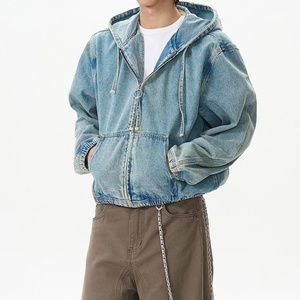 Sudadera con Capucha de Mezclilla Azul Casual para Hombre, Lavado Desgastado, 100% Algodón, Chaqueta Corta Vintage de Alta Calidad - Product Image 5