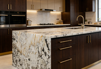 Îlot de cuisine en onyx rose naturel de luxe, table rétroéclairée en marbre, plan de travail de cuisine personnalisable pour cuisines de villas, installation incluse