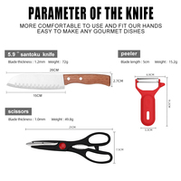 Ensemble de couteaux Santoku, ciseaux, éplucheur, manche en bois, acier inoxydable tranchant pour la cuisson et le tranchage, 3 pièces les plus vendues