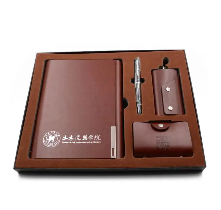 Corporate Gift Set 2019 Luxury PU Leather Corporate Gift Set Business Office Stationery Gift Kit With Notebook Name Card Holder Keychain Pen