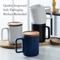Tasse à café en céramique bleu mat nordique de 15 oz avec logo personnalisé, noir et blanc, avec couvercle en bois, boîte cadeau