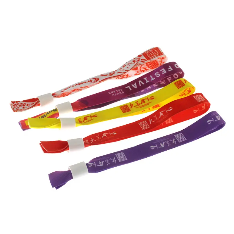 Fabriek Oem Kleurrijke Polyester Partij Stof Armband Festival Evenement Lint Polsband Met Plastic Slot Sluiting