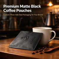 Sachet d'emballage pour café moulu, imprimé en gravure, en aluminium noir mat, résistant à l'humidité, à trois soudures latérales, personnalisable