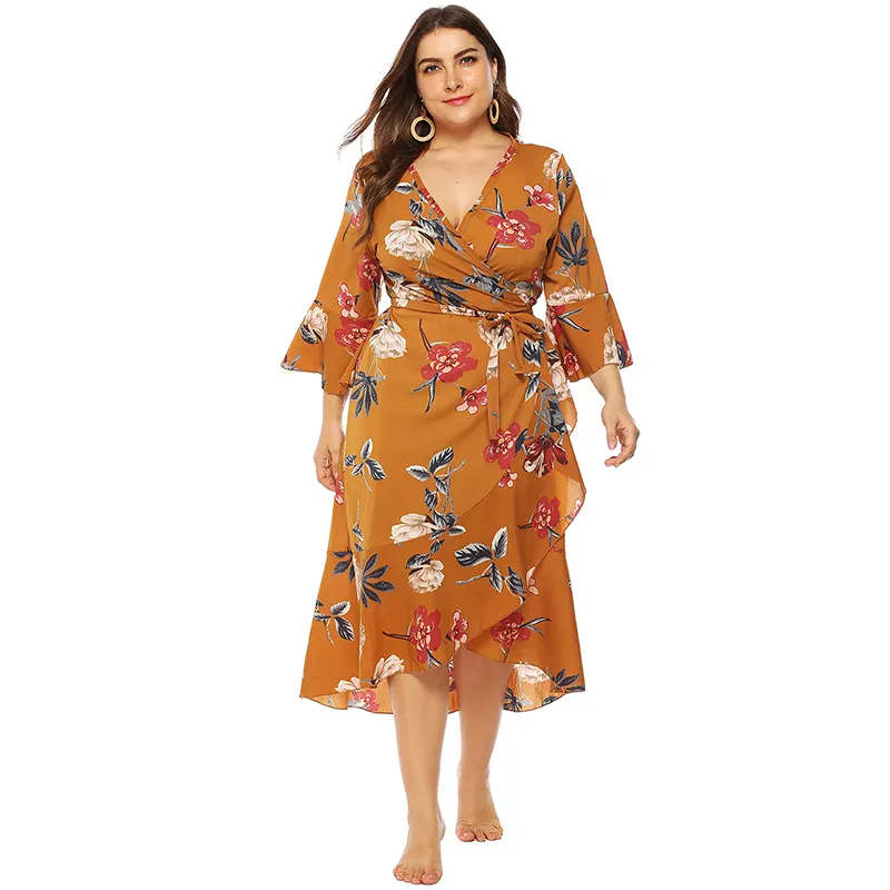 Auf Lager Großhandel V-Ausschnitt Long Floral Printed Casual Plus Size Damen kleid