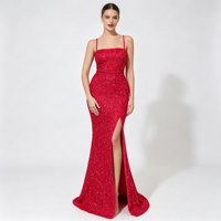 Robe de soirée sirène à sequins pour femme, style européen et américain, avec bretelles spaghetti, dos croisé et fente haute