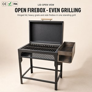 Parrilla de Carbón Estilo Braai con <span class=keywords><strong>Tapa</strong></span> de Madera, Compartimento Lateral de Acero Crudo y Estante de Almacenamiento para Cocinar en el Jardín Familiar - Product Image 1