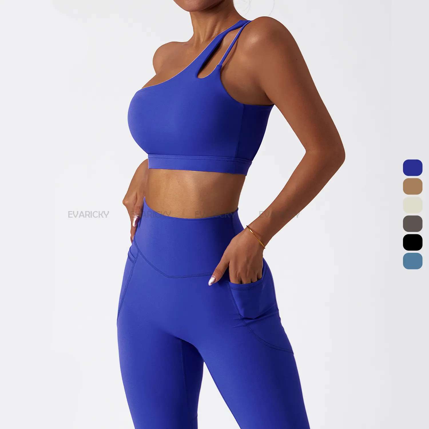 Bir omuz spor sutyen egzersiz kıyafeti 2 parça legging kadın spor Activewear seti Pockets tos Pockets tivos Mujer ile cepler