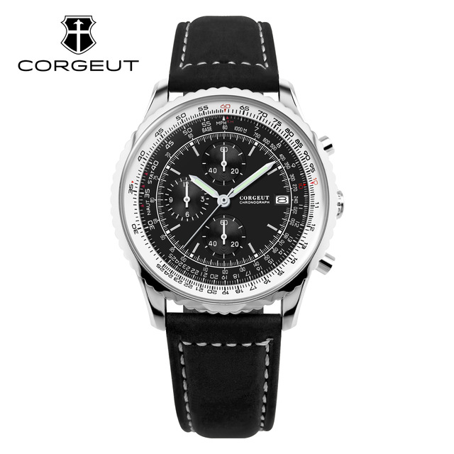 43.5mm Precision Quartz Movement VK63 Sports Leather Strap Men's Watch with Large Glass Dial 22mm Band Alloy Case Pointer Hands