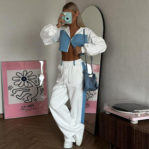 Contraste Couleur Filles Survêtement Zip-up Jogging Sportswear Sexy Deux Pièces Long Ensembles <span class=keywords><strong>Fille</strong></span> Crop Top - Product Image 3