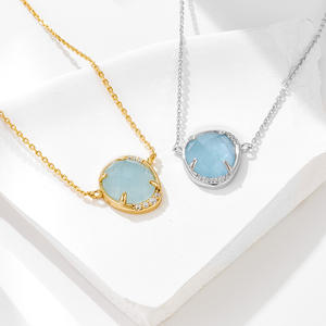 Collana a catena in argento sterling 925 gioielli da donna ellittico a forma di uovo con ciondolo in pietra preziosa in zaffiro naturale - Product Image 1