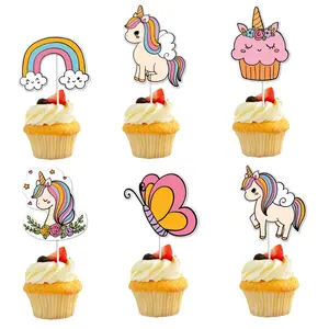 Set atasan kue pelangi, dengan awan Unicorn lucu setengah kupu-kupu pelangi dekorasi Selamat Ulang Tahun pilihan atas Cupcake