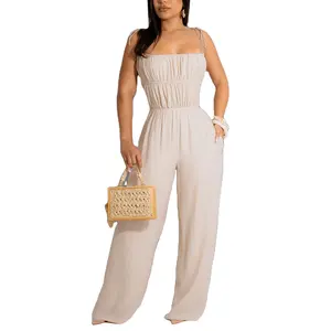 Women's Ruched Wide Leg Jumpsuit - Perfect For Spring Summer Sleeveless And Casual