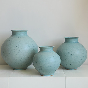 Modern Farmhouse Round Bulbous <strong>Turquoise</strong> <strong>Vase</strong> Set Matte Blue Green Stoneware <strong>Vase</strong> Set Handcrafted Speckled Home Accent - Product Image 1