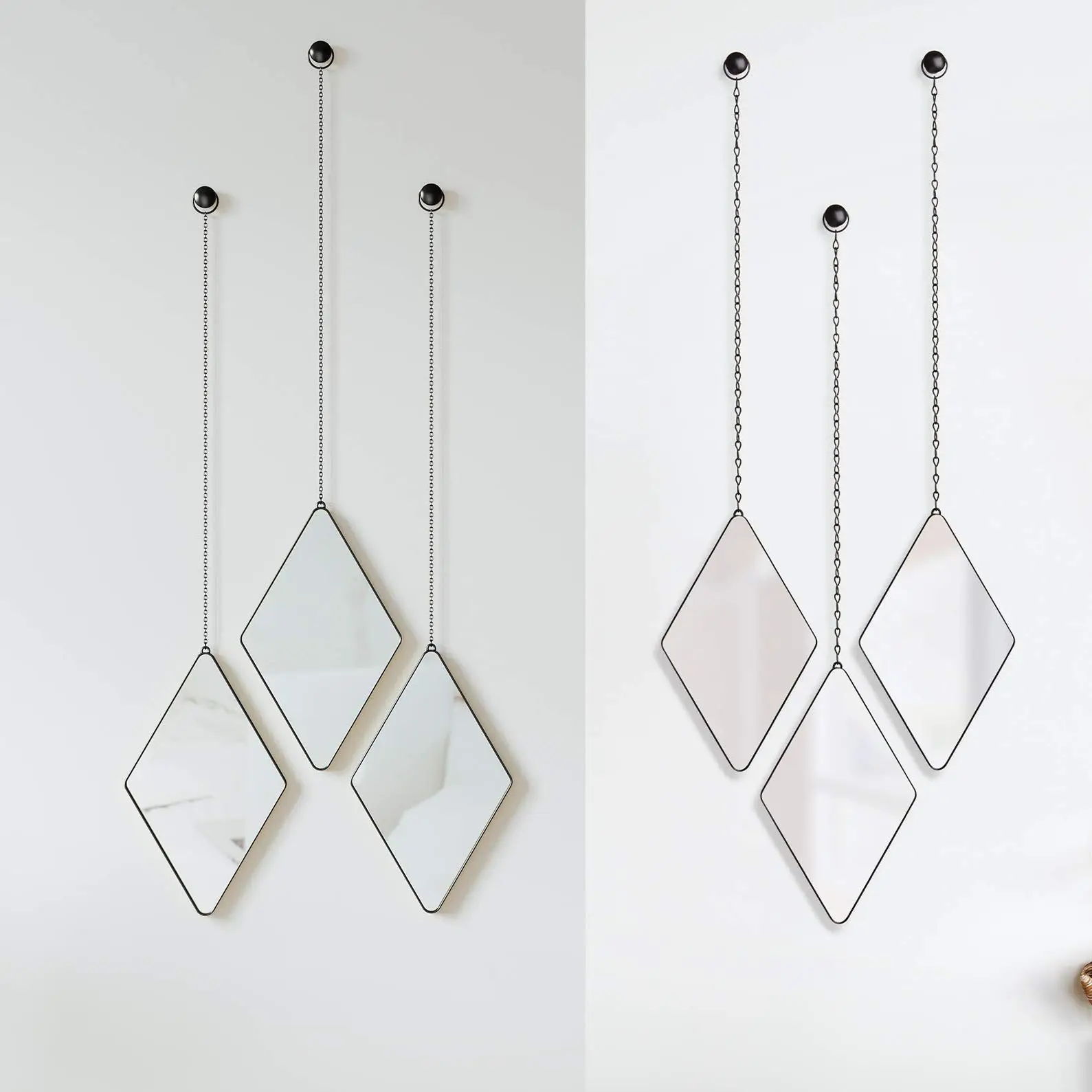 Set of 3 inimal all Hang Diamond Shape Metal Wall Mirror Set with Chain for Wall Decor Living Room