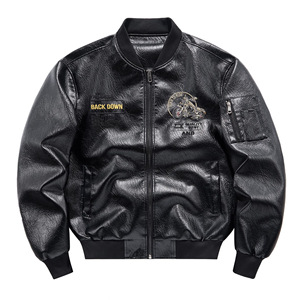 Blouson bomber brodé <span class=keywords><strong>à</strong></span> col montant pour <span class=keywords><strong>homme</strong></span> grande taille, idéal pour <span class=keywords><strong>la</strong></span> <span class=keywords><strong>moto</strong></span> |   Blouson aviateur en cuir doublé polaire ample - Product Image 4
