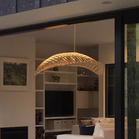 Lustre de style japonais rétro Zen Wabi-Sabi en bois tissé à la main en forme de feuille, lumière LED pour restaurant, hôtel, hall, bar, table