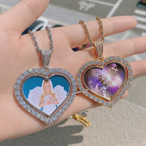 Trendy Custom DIY CZ Pendant Necklace Iced Hollow Love Heart Revolving Picture Frame Brass Plated Rope Photo <strong>Memory</strong> <strong>Gift</strong> - Product Image 6