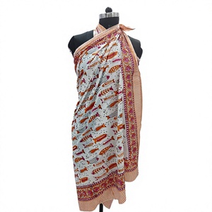 Bohemian Style Blue <b>Sarong</b> Handmade Cotton Scarf with Bagru Print Unique Women's Type for Wholesale Price - Product Image 1