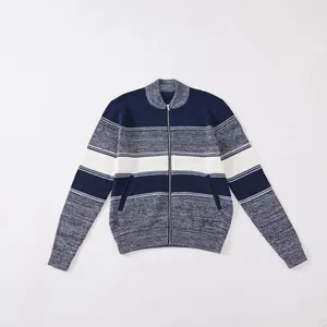 Custom Knit Men's Zip Up Cardigan Cotton Shawl Collar Pockets Color Mixed Striped Woolen Knitted Men Sweater Cardigan