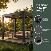Pergola extérieure en aluminium à lames orientables, commande intelligente par application, éclairage RGB, capteur de pluie automatique, design éco-responsable inspiré de la nature